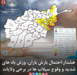 هشدار:احتمال بارش باران، وزش باد های شدید و وقوع سیلاب ها در برخی ولایات