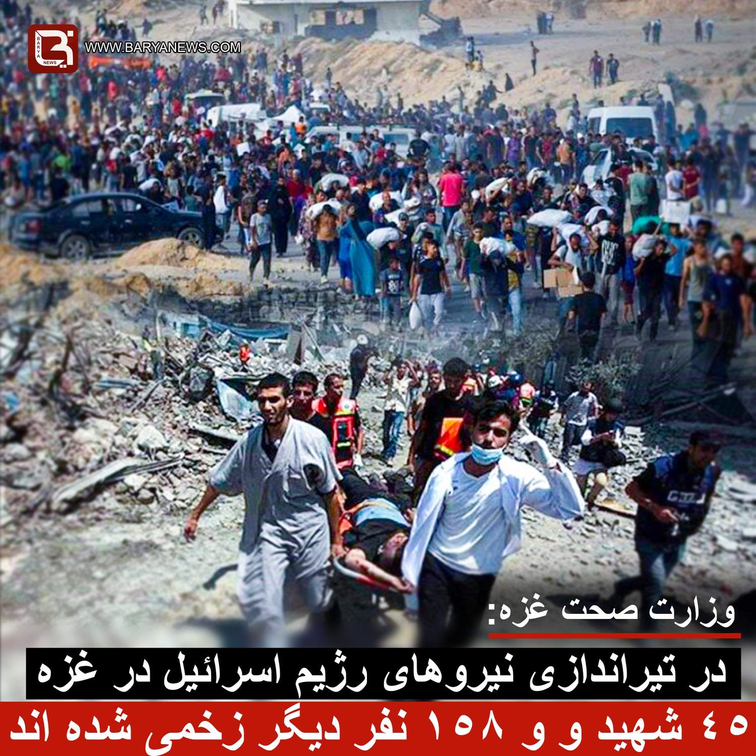در تیراندازی نیروهای رژیم اسرائیل در غزه ۴۵ شهید و و ۱۵۸ نفر دیگر زخمی شده اند