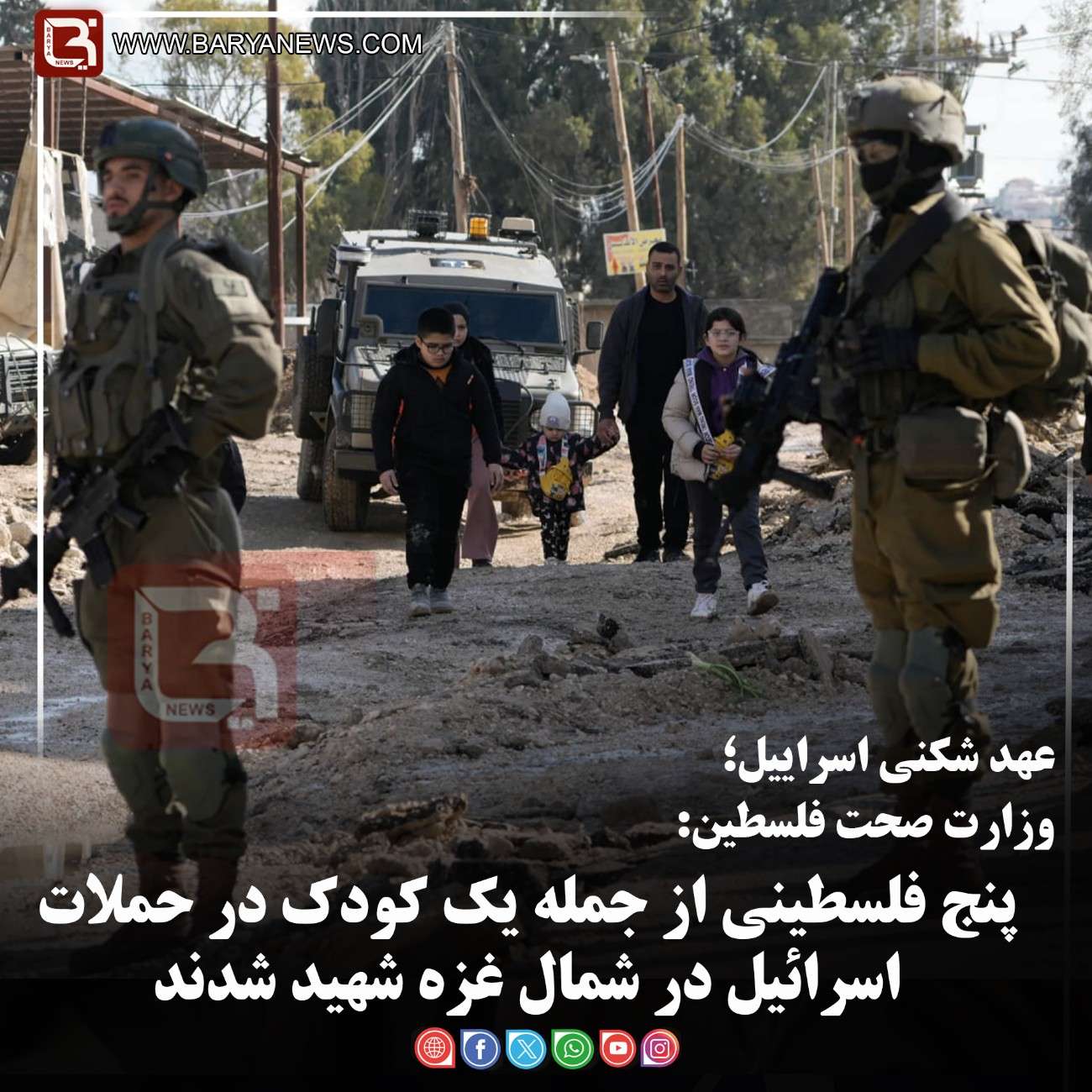 وزارت صحت فلسطین:   پنج فلسطینی از جمله یک کودک در حملات اسرائیل در شمال غزه شهید شدند