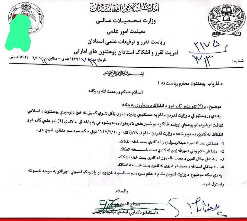 د فاریاب پوهنتون د شرعیاتو پوهنځي څلور استادان له دندو ګوښه شوي